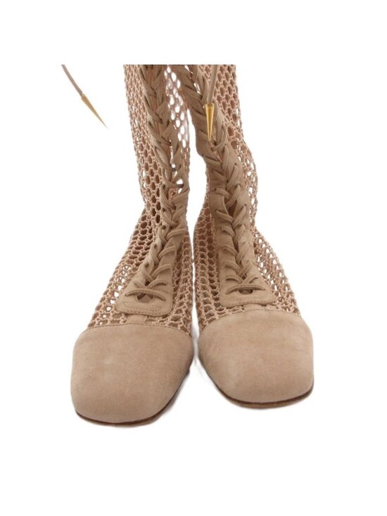 Naughtily-D Heeled Ankle Boot Transparent Mesh Embroidered  Dior Long Boots Mesh Lace Up Suede 35 Pink Beige NE